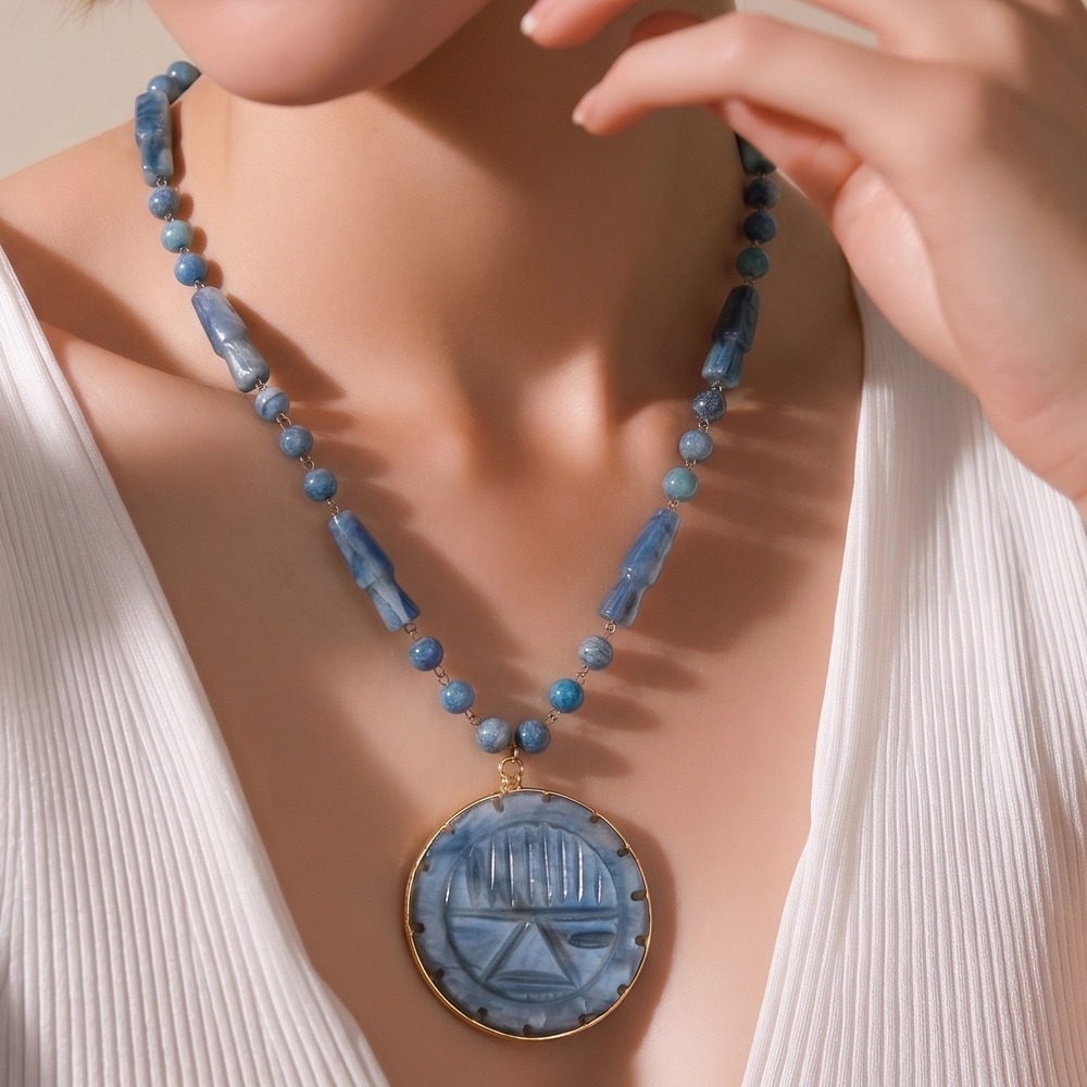 Artisan Aztec Carved Blue Stone Pendant Necklace Beaded Statement Jewelry Boho
